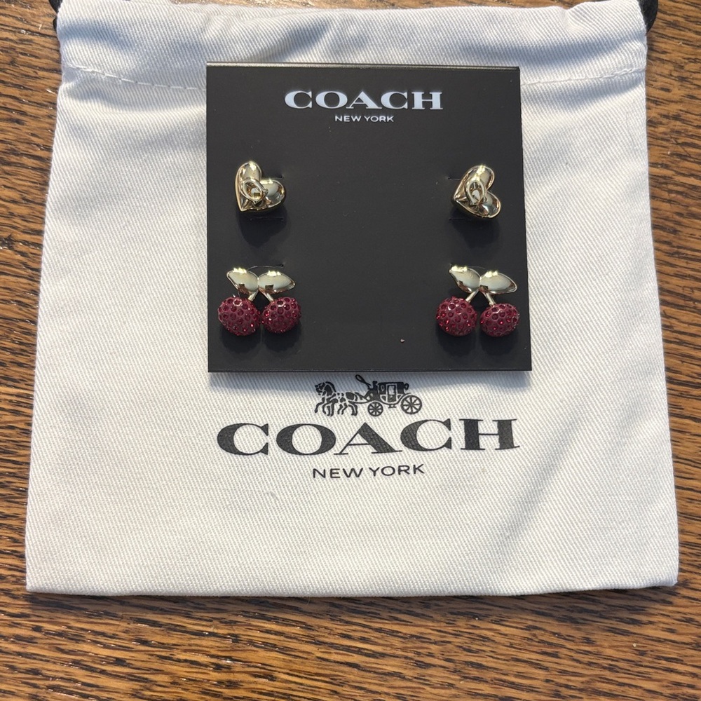 COACH Gold Knot and Red Cherry Stud Earring Set